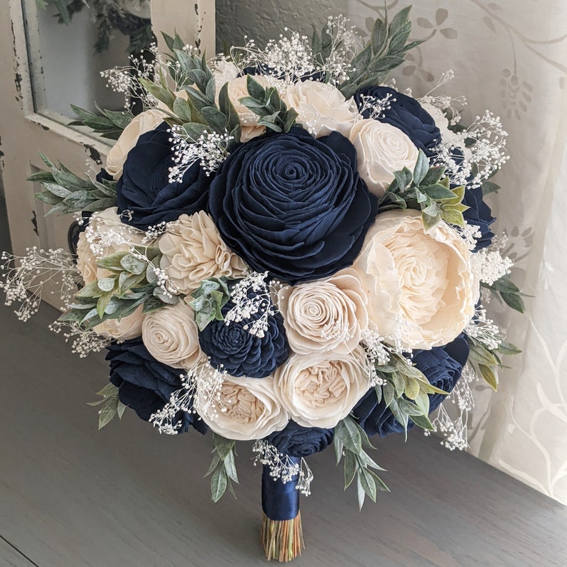 Navy and Ivory Sola Wood Flower Bouquet With Baby's Breath Etsy