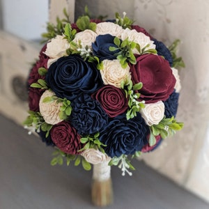 Burgundy, Navy, and Ivory Sola Wood Flower Bouquet with Greenery - Bridal Bridesmaid Toss