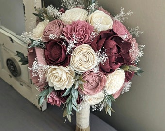 Burgundy, Pinkish Mauve, Dusty Rose, and Ivory Sola Wood Flower Bouquet with Baby's Breath and Greenery - Bridal Bridesmaid Toss