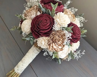 Burgundy, Natural, and Ivory Sola Wood Flower Bouquet with Baby's Breath and Greenery - Bridal Bridesmaid Toss