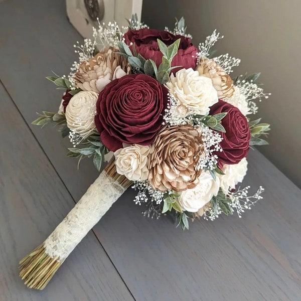 Burgundy, Natural, and Ivory Sola Wood Flower Bouquet with Baby's Breath and Greenery - Bridal Bridesmaid Toss