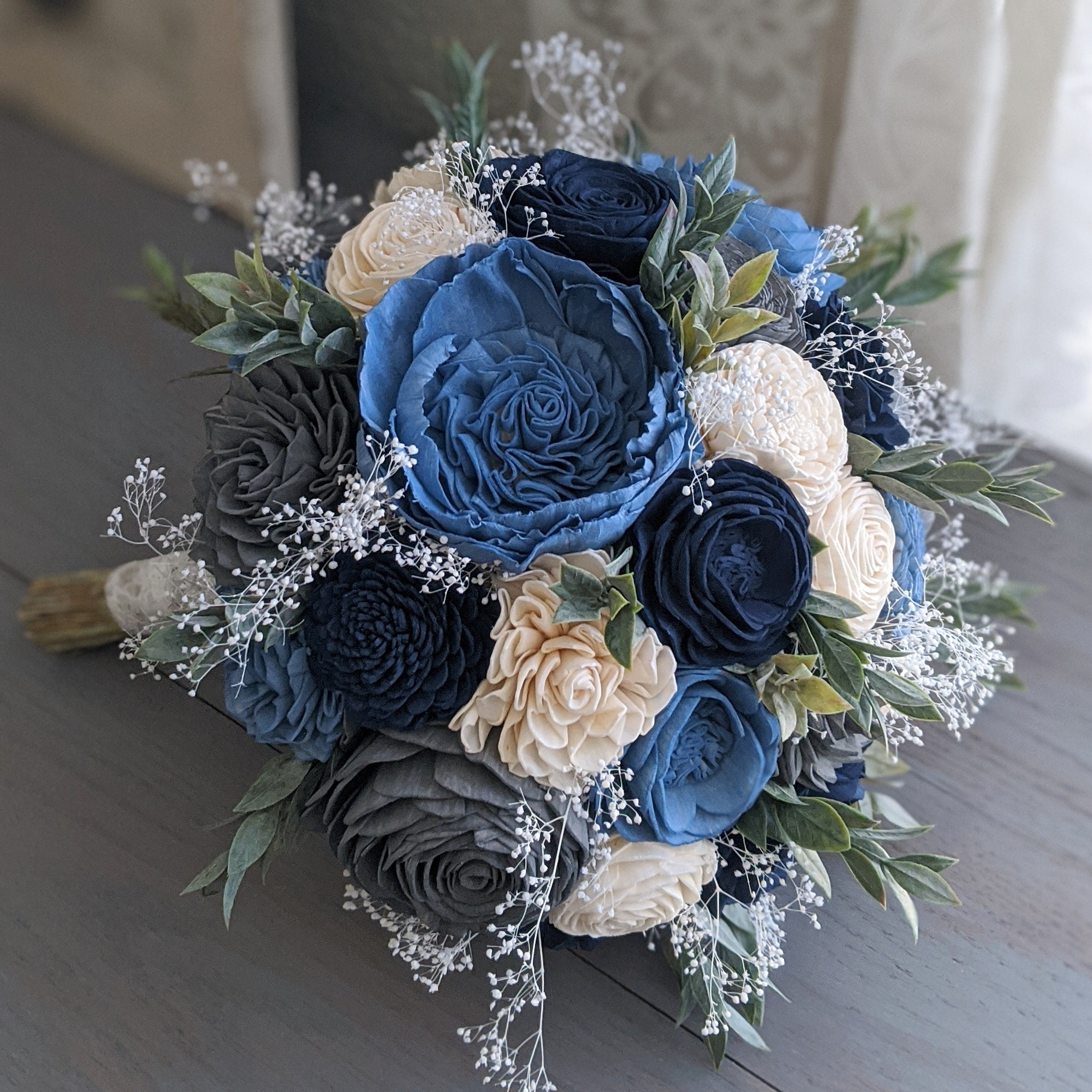 Marco Design, Pui Wood, Dark Blue Flowers Blue, Grey and Natural Book Pages sola wood flower Wedding  main image 4