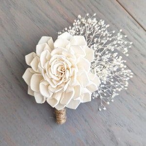 Boutonniere or Corsage with Dahlia Sola Wood Flower and Baby's Breath Filler to Match Your Bouquet