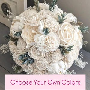 Custom Choose Your Own Colors Sola Wood Flower Bouquet with Baby&#39;s Breath and Ruscus Greenery - Bridal Bridesmaid Toss