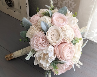 Ivory with Blush Accent Sola Wood Flower Bouquet with Lambs Ear and Eucalyptus Greenery - Bridal Bridesmaid Toss