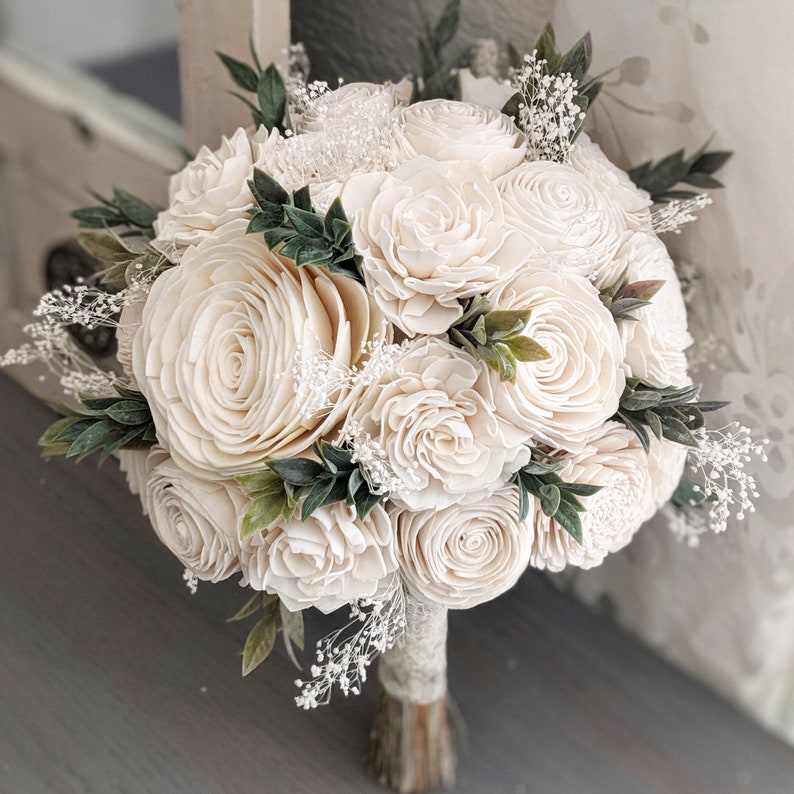 Ivory Sola Wood Flower Bouquet With Baby's Breath and Etsy