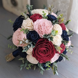 Wine, Navy, Blush, and Ivory Sola Wood Flower Bouquet with Mixed Greenery - Bridal Bridesmaid Toss
