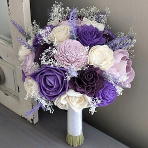 Purple, Plum, Lilac, and Ivory Sola Wood Flower Bouquet with Lavender and Baby&#39;s Breath - Bridal Bridesmaid Toss