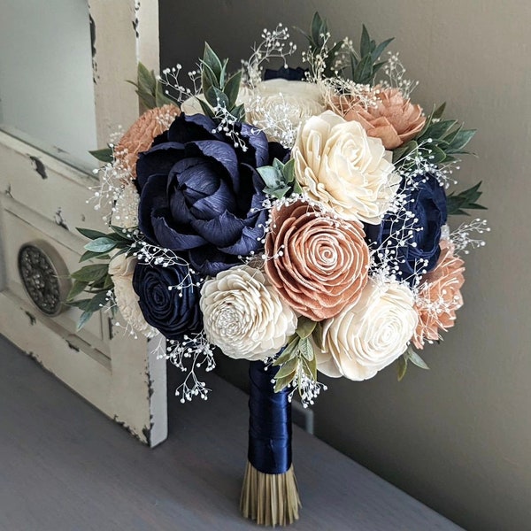 Navy, Rose Gold, and Ivory Sola Wood Flower Bouquet with Baby's Breath and Greenery - Bridal Bridesmaid Toss