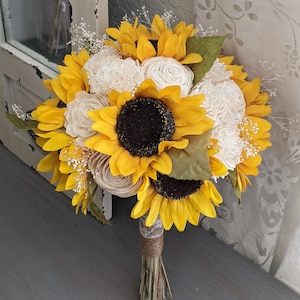 Sunflowers and Ivory Sola Wood Flower Bouquet with Baby&#39;s Breath and Greenery - Bridal Bridesmaid Toss
