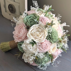 Sage, Blush, and Ivory Sola Wood Flower Bouquet with Baby&#39;s Breath and Greenery - Bridal Bridesmaid Toss