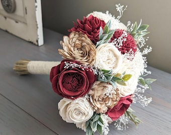 Wine, Natural, and Ivory Sola Wood Flower Bouquet with Baby's Breath and Greenery - Bridal Bridesmaid Toss