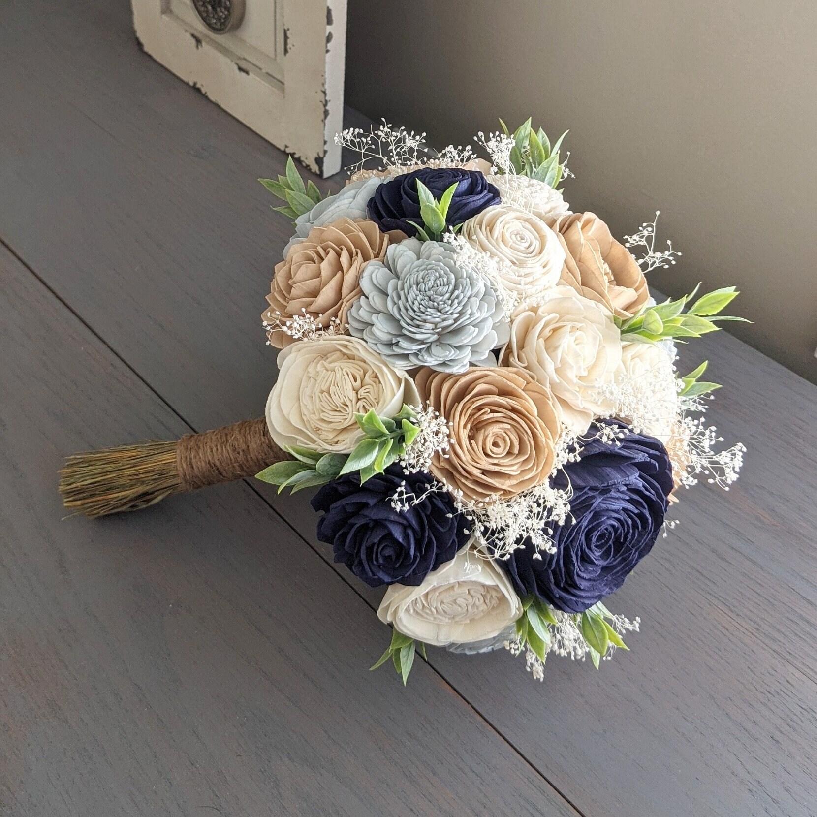 Navy, Dusty Blue, Nude, and Ivory Sola Wood Flower Bouquet With Baby's  Breath and Greenery Bridal Bridesmaid Toss - Etsy