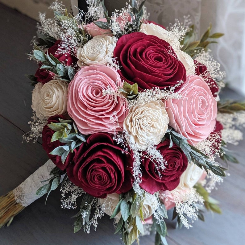 Bridal Bridesmaid Toss Wine and Blush Sola Wood Flower Bouquet with Babys Breath and Greenery