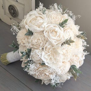 All Ivory Sola Wood Flower Bouquet with Baby&#39;s Breath and Greenery - Bridal Bridesmaid Toss