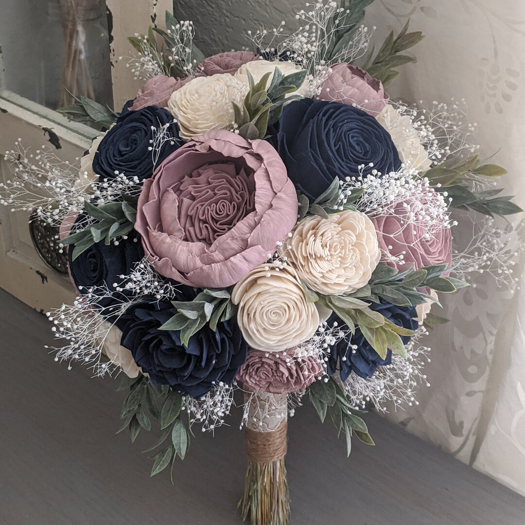 Navy, Rose Quartz, and Ivory Sola Wood Flower Bouquet With Baby's