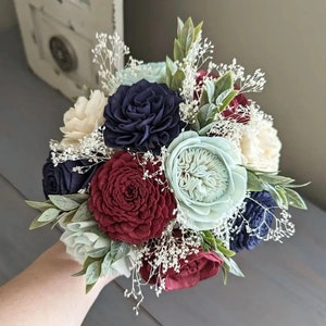 Navy, Burgundy, Light Blue, and Ivory Sola Wood Flower Bouquet with Baby's Breath and Greenery Bridal Bridesmaid Toss image 1