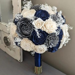 Navy, Charcoal, and Ivory Sola Wood Flower Bouquet with Baby&#39;s Breath - Bridal Bridesmaid Toss