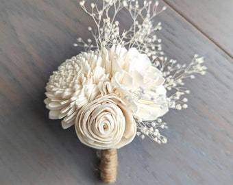 Boutonniere with Three Sola Wood Flowers and Baby's Breath Filler to Match Your Bouquet