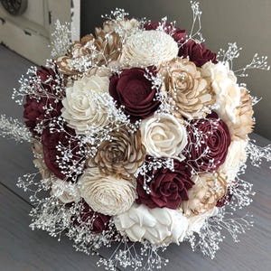 Burgundy, Natural, and Ivory Sola Wood Flower Bouquet with Baby&#39;s Breath - Rustic Bridal Bridesmaid Toss