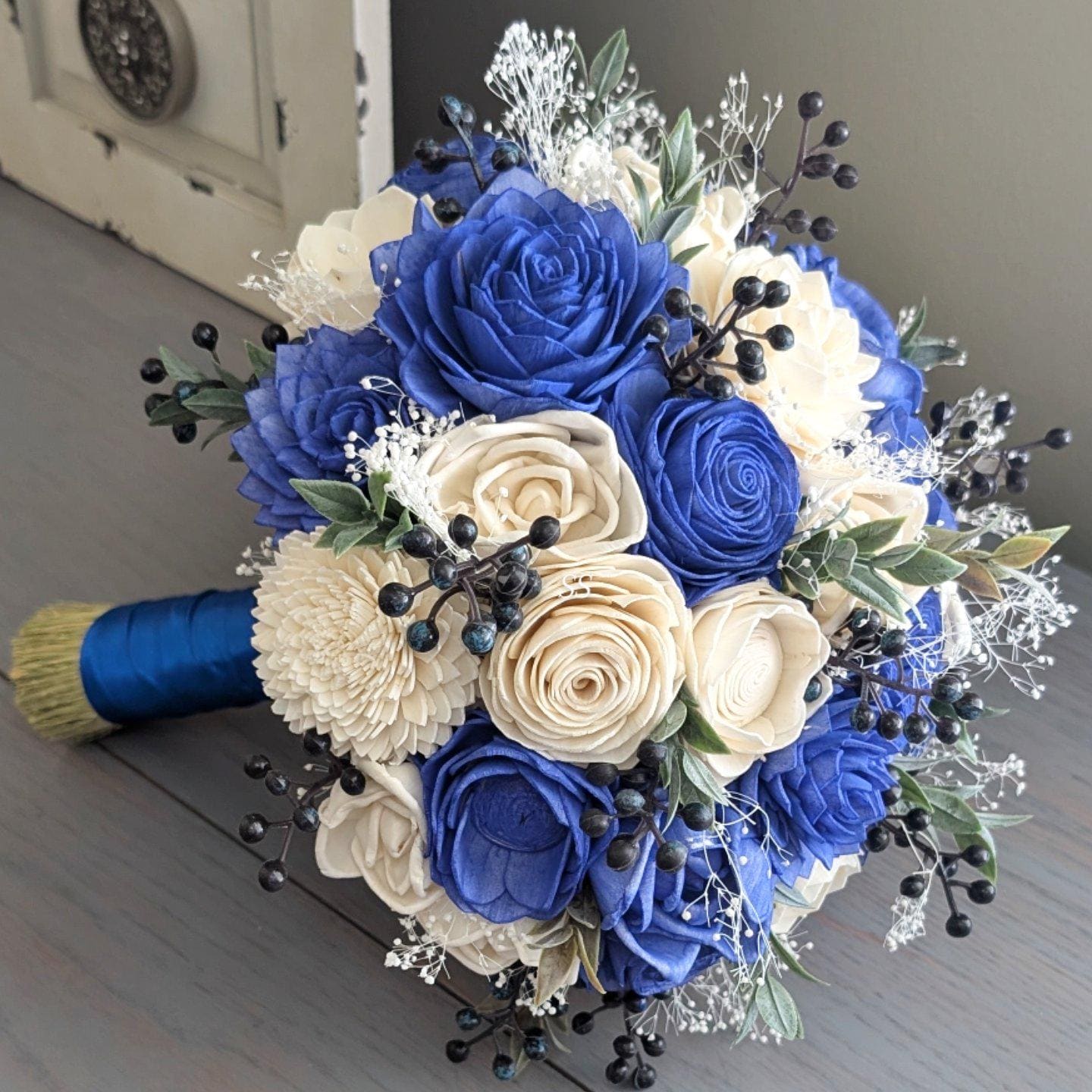Royal Blue and Ivory Sola Wood Flower Bouquet with Berries, Baby's Breath, and Greenery - Bridal Bridesmaid Toss