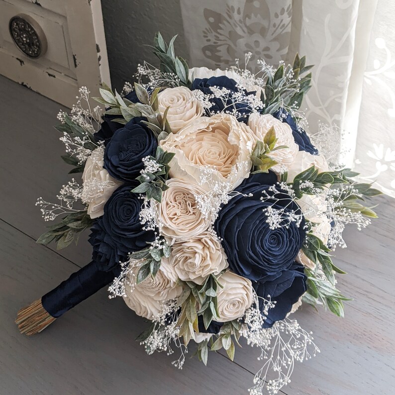 Navy and Ivory Sola Wood Flower Bouquet With Baby's Breath Etsy