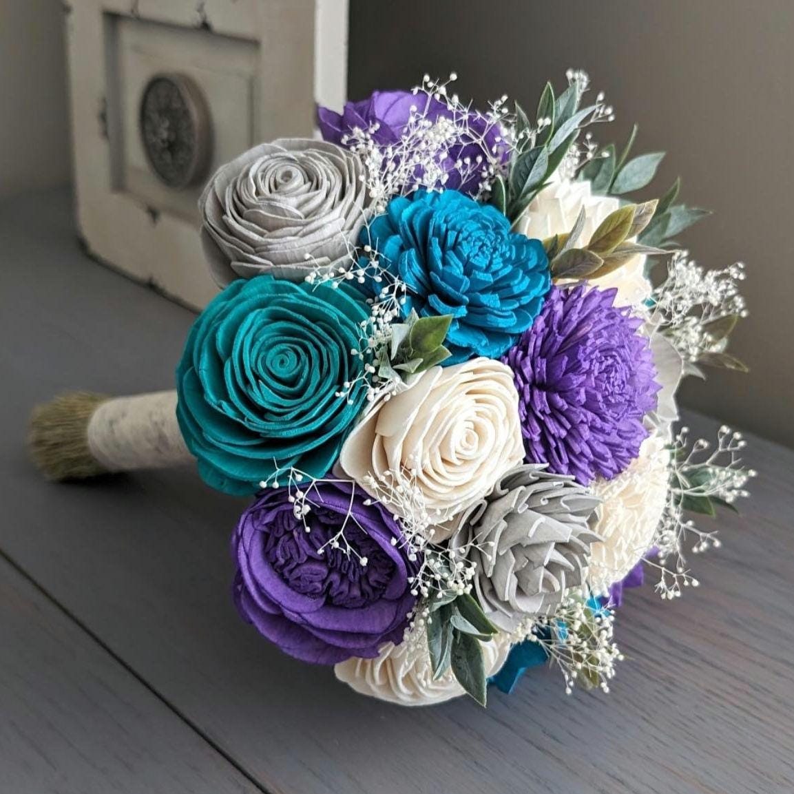 Purple, Light Gray, Turquoise, Blue Teal, and Ivory Sola Wood Flower Bouquet with Baby's Breath and Greenery