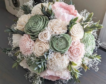 Sage, Blush, and Ivory Sola Wood Flower Bouquet with Baby's Breath and Greenery - Bridal Bridesmaid Toss