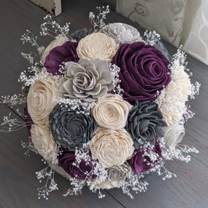 Plum, Charcoal, Light Gray, and Ivory Sola Wood Flower Bouquet with Baby's Breath Bridal Bridesmaid Toss image 2