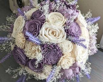 Ivory with Lilac Accents Sola Wood Flower Bouquet with Lavender and Baby's Breath - Bridal Bridesmaid Toss
