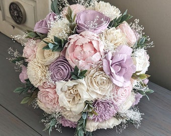 Blush, Lilac, and Ivory Sola Wood Flower Bouquet with Baby's Breath and Greenery - Bridal Bridesmaid Toss