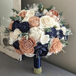 Navy, Rose Gold, and Ivory Sola Wood Flower Bouquet with Baby&#39;s Breath and Greenery - Bridal Bridesmaid Toss
