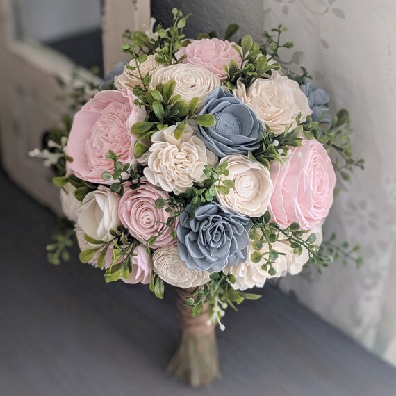 Dusty Blue Blush And Ivory Sola Wood Flower Bouquet With Etsy