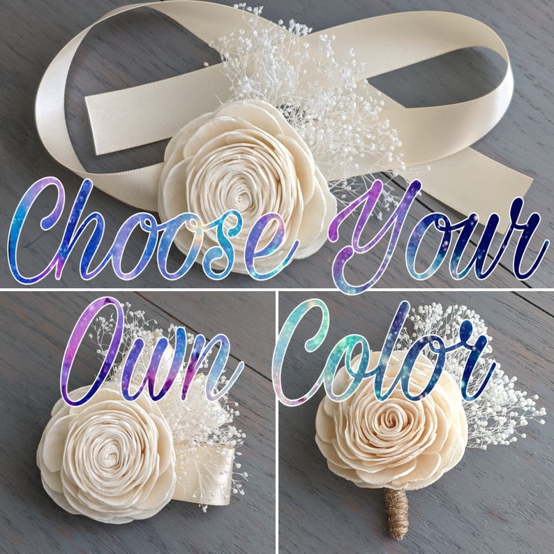 Boutonniere or Corsage with Sola Wood Flower and Accent Filler to Match Your Bouquet 