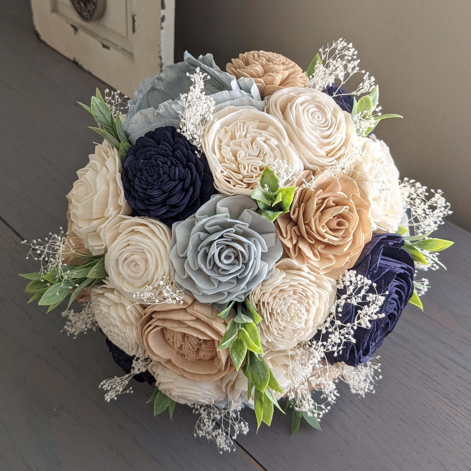 Navy, Dusty Blue, Nude, and Ivory Sola Wood Flower Bouquet With Baby's  Breath and Greenery Bridal Bridesmaid Toss - Etsy