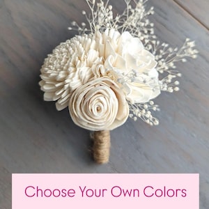 Boutonniere with Three Sola Wood Flowers and Baby&#39;s Breath Filler to Match Your Bouquet