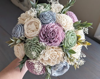 Sage, Dusty Blue, Lilac, and Ivory Sola Wood Flower Bouquet with Baby's Breath and Greenery - Bridal Bridesmaid Toss