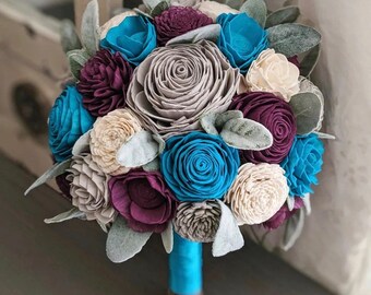 Plum, Light Gray, Blue Teal, and Ivory Sola Wood Flower Bouquet with Lambs Ear Greenery - Bridal Bridesmaid Toss