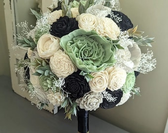 Sage, Black, Light Gray, and Ivory Sola Wood Flower Bouquet with Baby's Breath and Greenery - Bridal Bridesmaid Toss