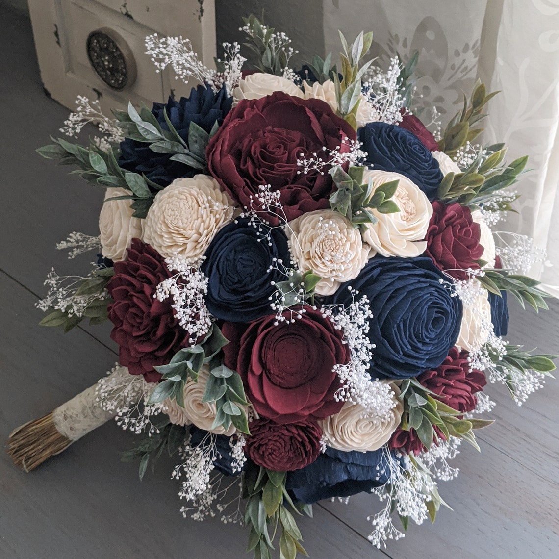 Navy Burgundy and Ivory Sola Wood Flower Bouquet with image 1