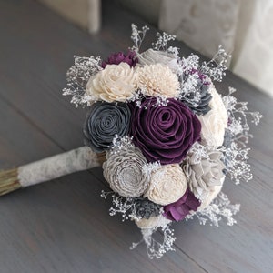 Plum, Charcoal, Light Gray, and Ivory Sola Wood Flower Bouquet with Baby's Breath Bridal Bridesmaid Toss Grass Wrapped Stems