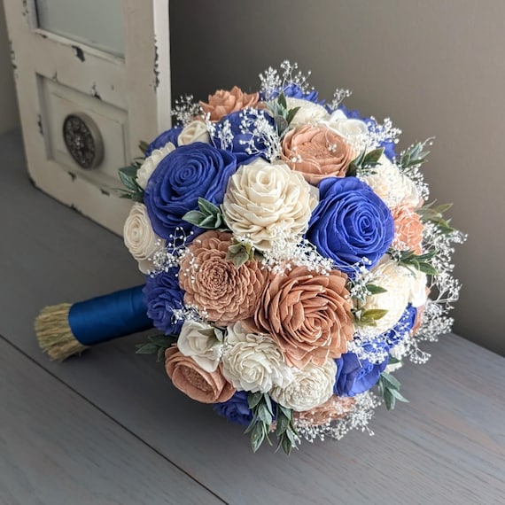 Royal Blue, Rose Gold, and Ivory Sola Wood Flower Bouquet With
