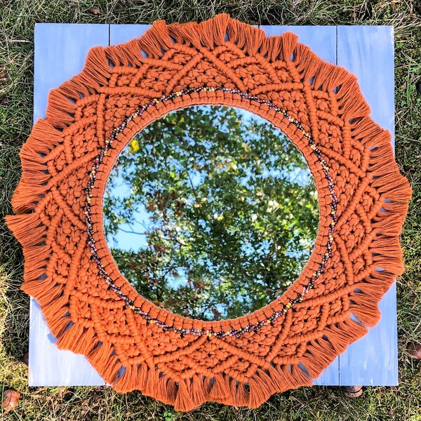 Pumpkin Orange Beaded Macrame Mandala Wreath Wall Mirror Autumn / Fall Decor