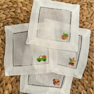 Fall Thanksgiving Embroidered Linen Cocktail Napkins
