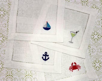 Summer Beach Vacation Embroidered Linen Cocktail Napkins