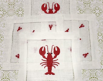 Lobster Summer Embroidered Linen Cocktail Napkins
