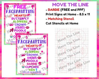 Barbie Facepainting Sign with Matching Stencils; pdf and svg files - 8.5 X 11