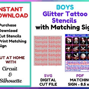 BOY Glitter Tattoos Set with Matching PDF Sign and SVG Digital Instant Download Cut File
