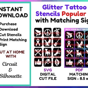 Popular 3: Glitter Tattoo Stencils SVG Digital Instant Download Cut File