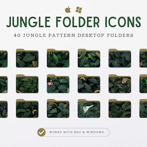 May include: A set of 40 jungle-themed folder icons for desktop computers. The icons feature various tropical plants, animals, and patterns in shades of green, brown, and pink. The icons are compatible with both Mac and Windows operating systems.